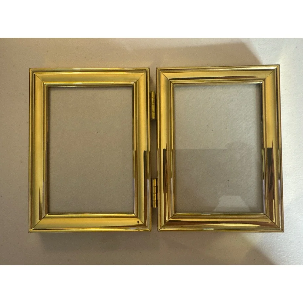 Vintage Gold Tone Hinged Double Picture Frame 3.5x5 Beveled Metal Tabletop Korea